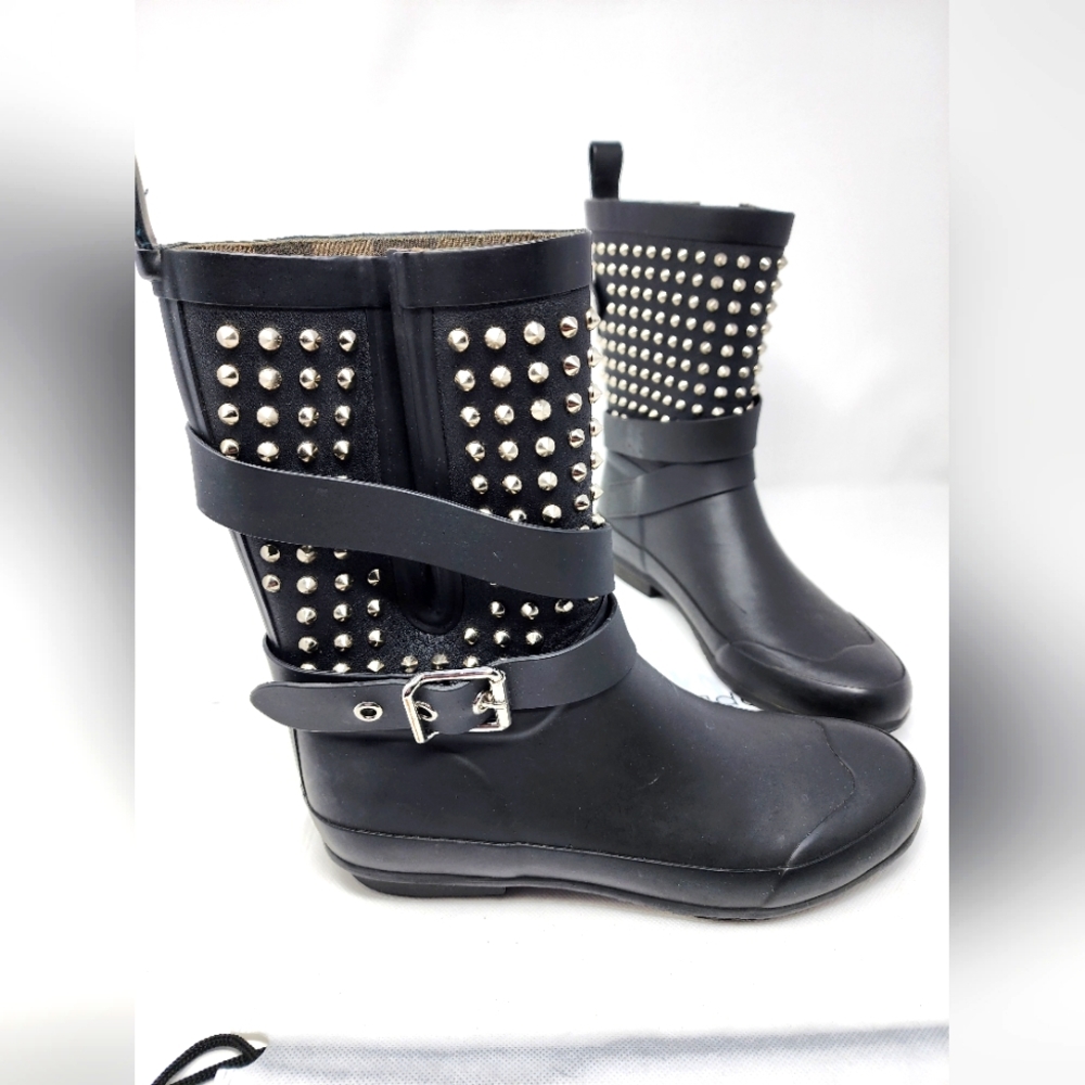 Burberry Holloway Black Studded Moto Rain Boots 37